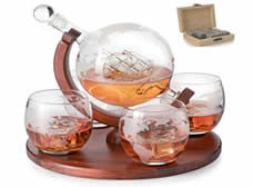 etched world globe decanter and glasses