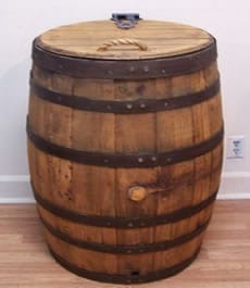 Whiskey barrel trash can