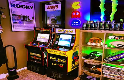 Neon lit retro gaming man cave