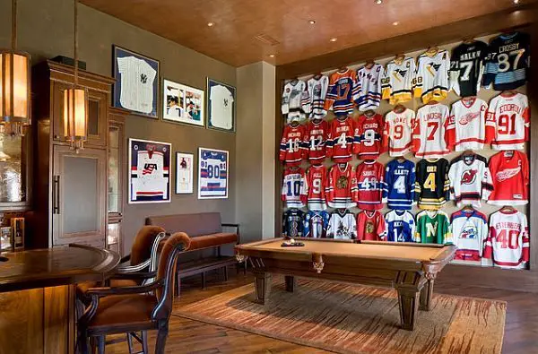 Wall of jerseys hockey man cave