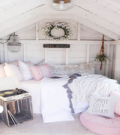 Pink she shed bedroom